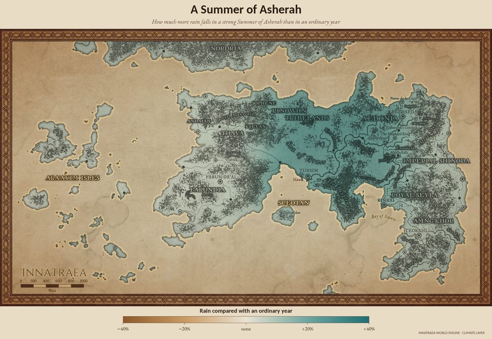 Map of Innatraea showing how much more rain falls in a strong Summer of Asherah, most across the Sea of Grass and Aedonia.
