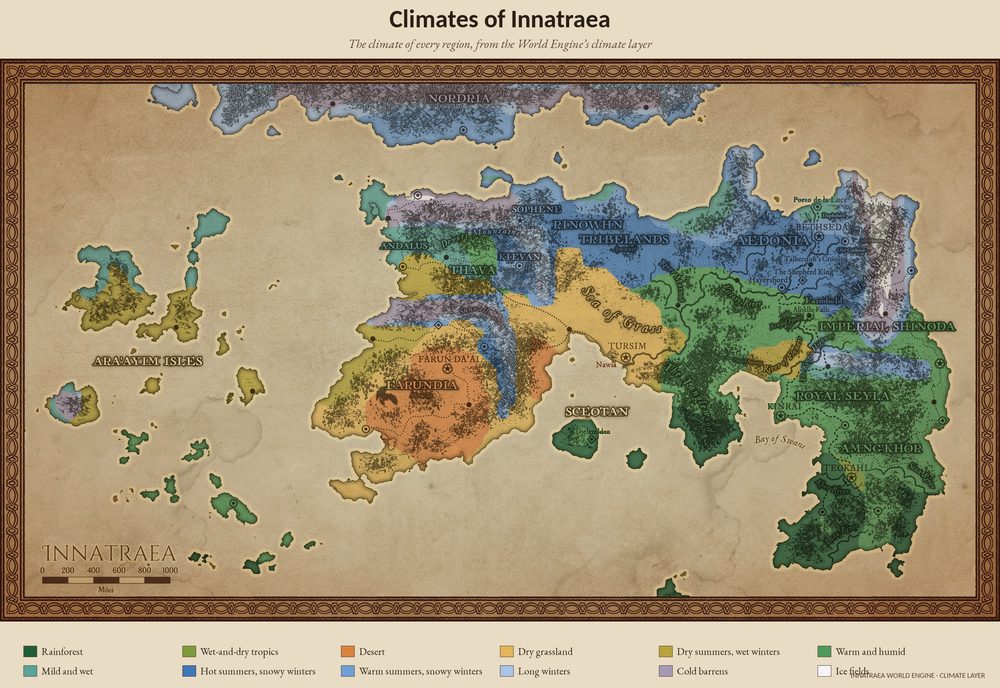 Map of Innatraea colored by climate type, from rainforest in the far south to ice fields on the highest peaks.