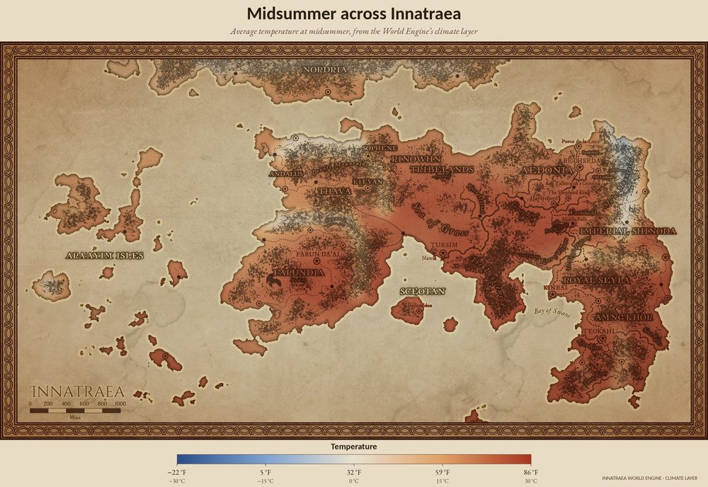 Map of Innatraea at midsummer: the deepest heat across Farundia’s desert and the Sea of Grass, snow still on the highest peaks.