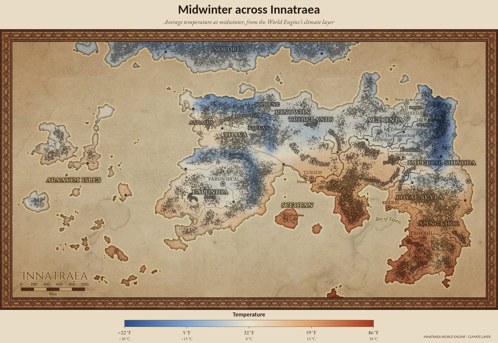 Map of Innatraea at midwinter: cold blues across the north and the mountains, warm colors along the southern coast.
