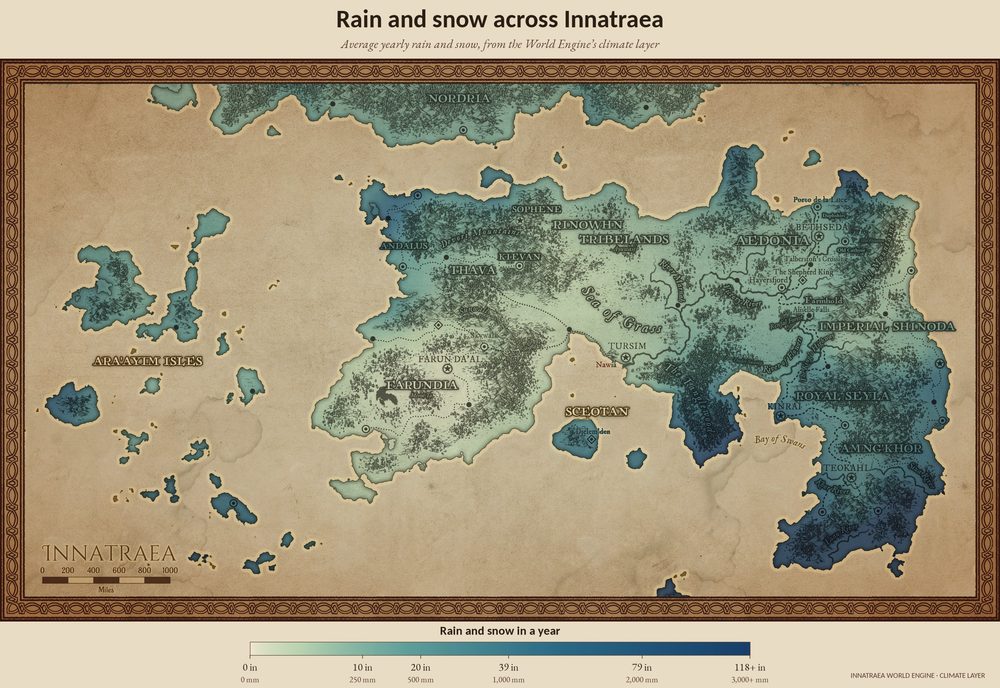 Map of Innatraea shaded by how much rain and snow falls in a year, wettest in the south and east, driest in Farundia.