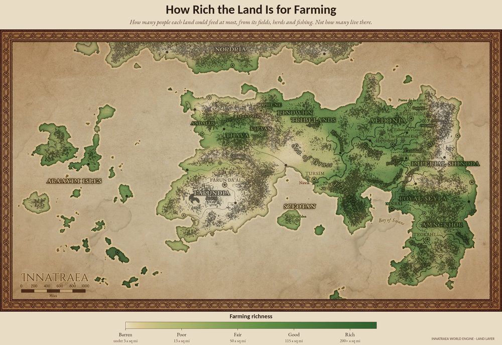 Map of Innatraea shaded by how rich each land is for farming, palest in Farundia’s desert and greenest in the warm, wet south and along the great rivers.