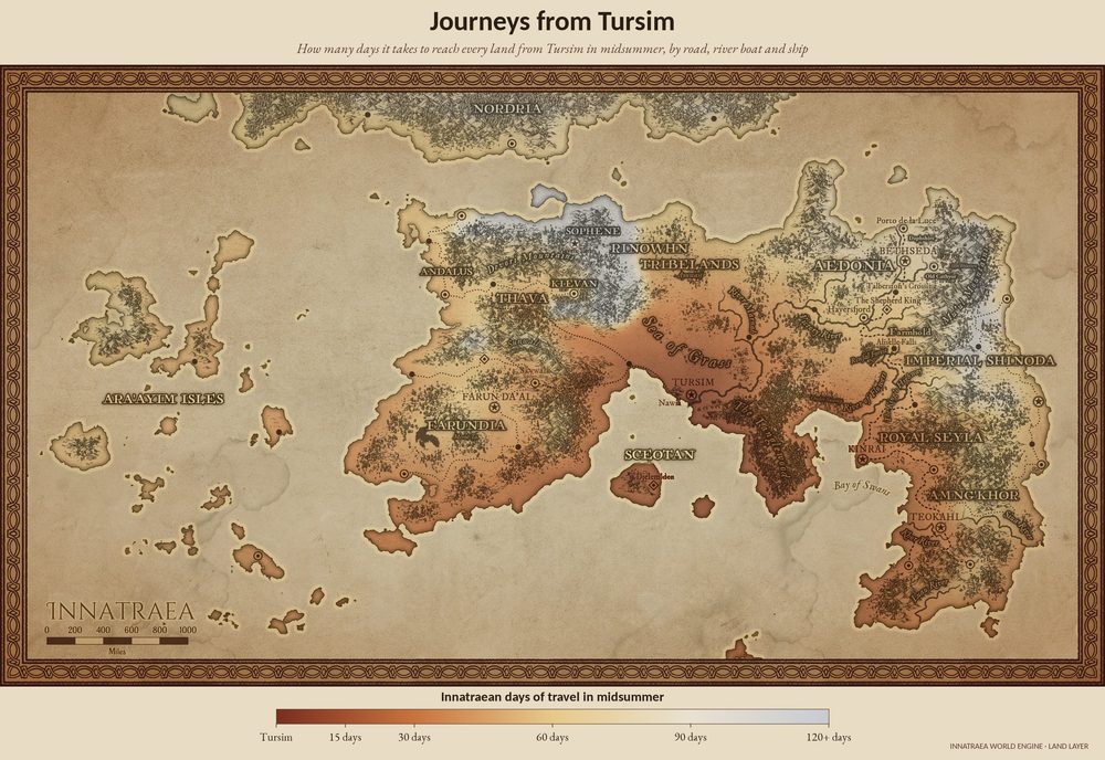 Map of Innatraea shaded by how many days it takes to reach each land from Tursim in midsummer.