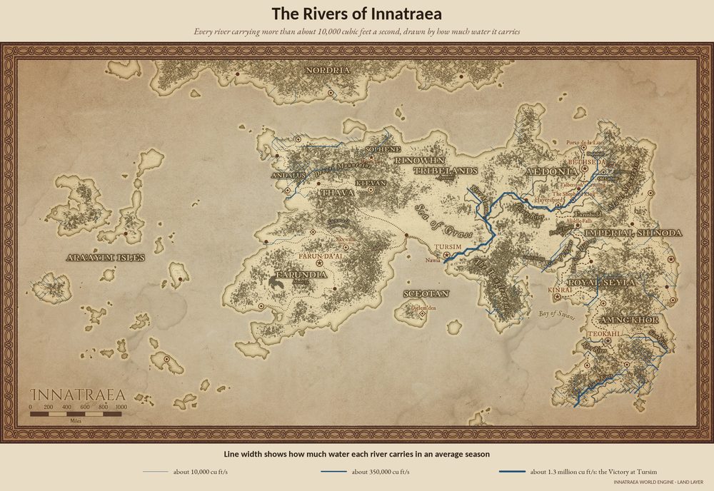 Map of Innatraea’s rivers, drawn wider where they carry more water, with the Victory the widest of all.