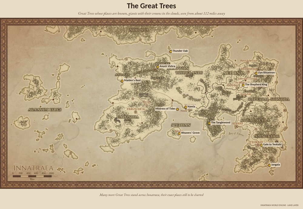 Map of Innatraea marking the Great Trees whose places are known.
