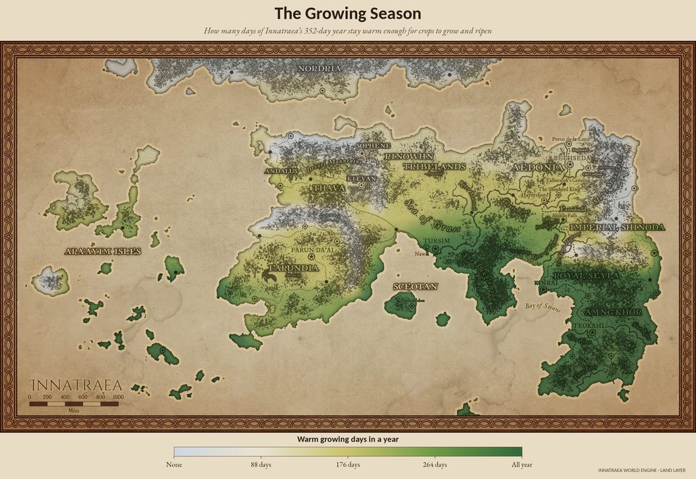 Map of Innatraea shaded by the length of the growing season, from none on the ice to all year in the far south.