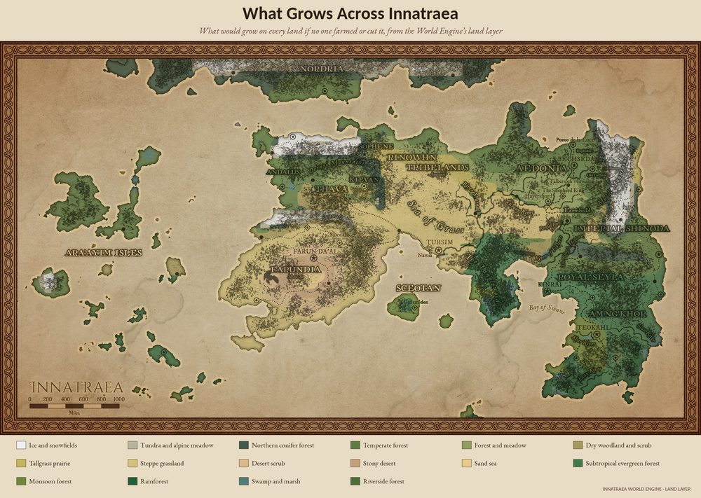 Map of Innatraea colored by what grows on each land, from ice and tundra in the north to rainforest in the far south.