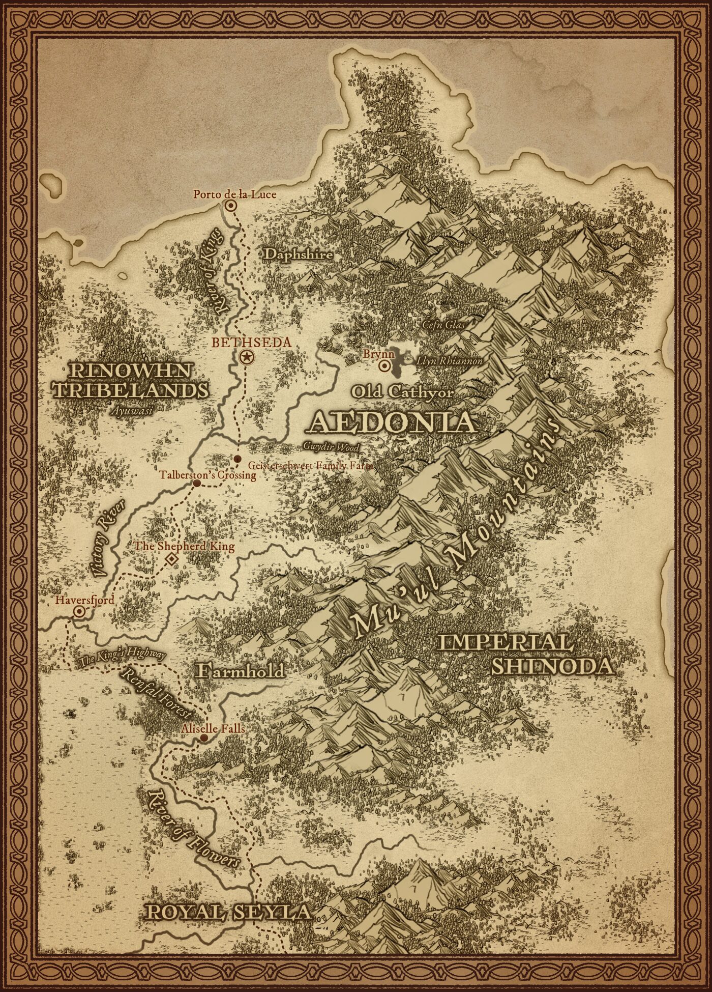 Map of Aedonia showing old Cathyor and Brynn
